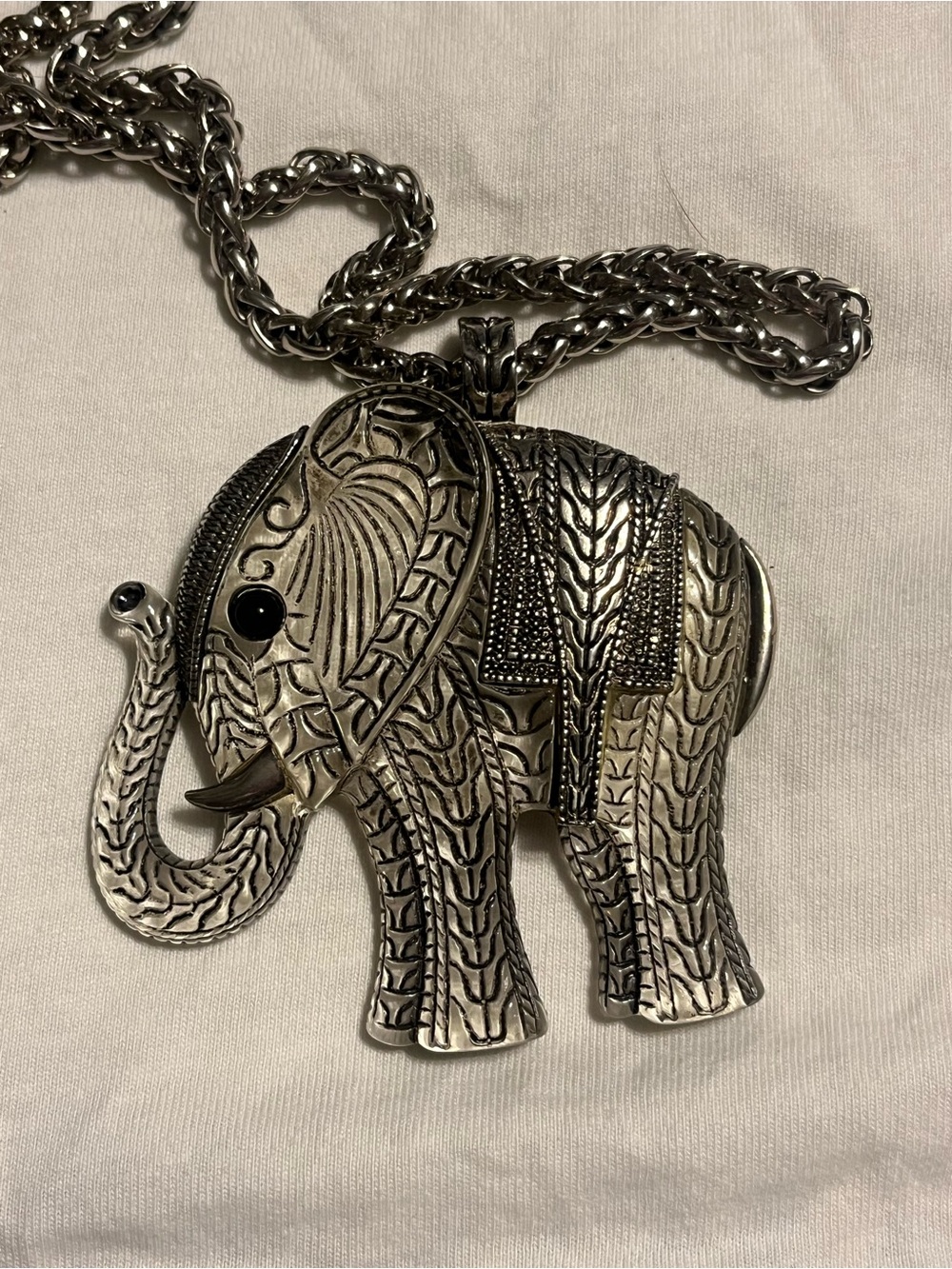 Silver Elephant Pendant Necklace with Black Accent Eye 30”
